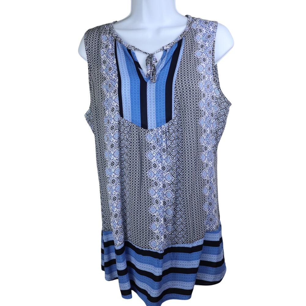 Como Blu Women Tunic Top Tie Neck Sleeveless Blue Gray Size M